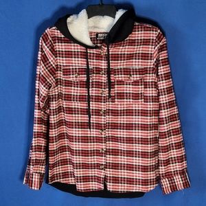Jolie & Joy Red & Black Plaid Shirt Jacket With Sherpa-Lined Hood Warm Jacket